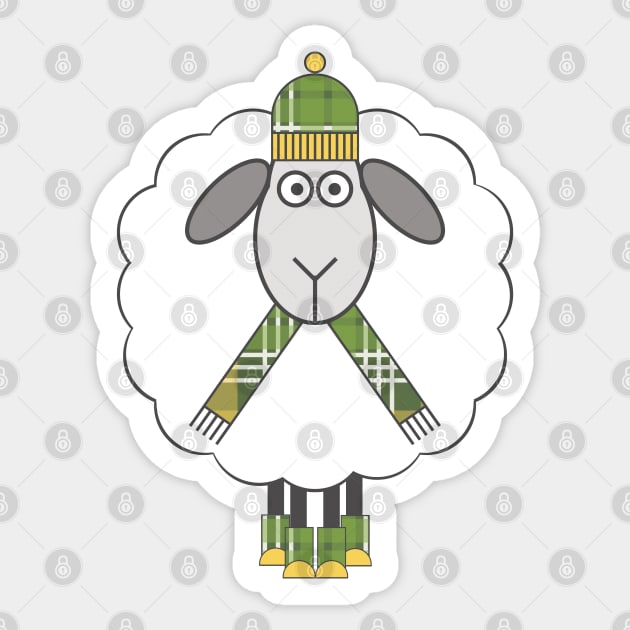 Cosy Winter Sheep With Green and Yellow Tartan Hat, Scarf and Boots Sticker by MacPean